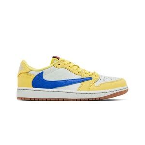 Travis Scott Nike White and Yellow Sneakers with Blue Swoosh
